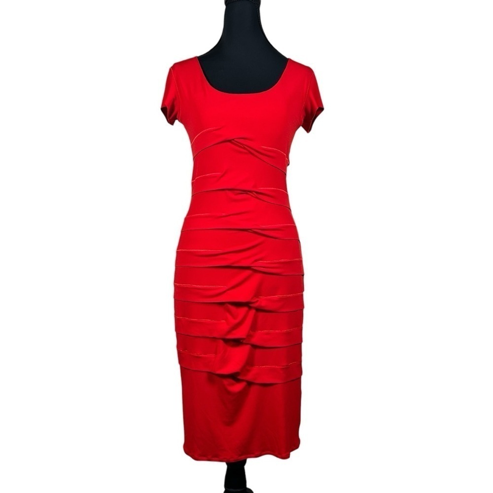 Eva Varro Red Ruched Tiered Midi Dress Bodycon Size XS